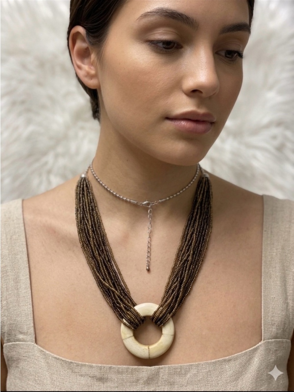 Multi-Strand Brown Seed Bead Necklace with Cream Pendant